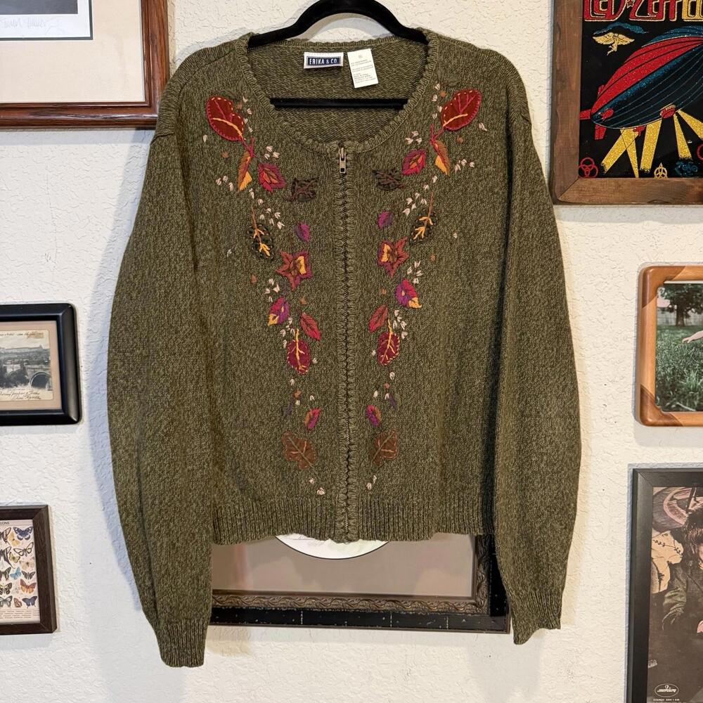 Vintage 90s Erika Co Embroidered Cardigan Women’s Sweater‎ Zip Sz XL Fall Leaves